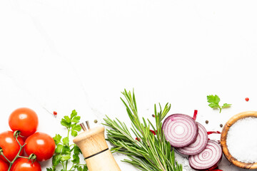 Food background, healthy food on white.