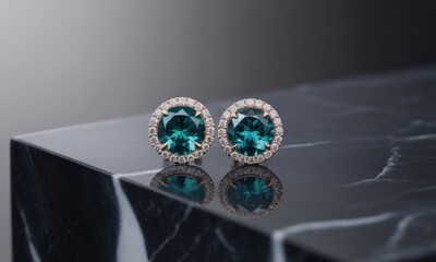 Close-up of two elegant stud earrings with vibrant teal gemstones, sitting on a glossy surface