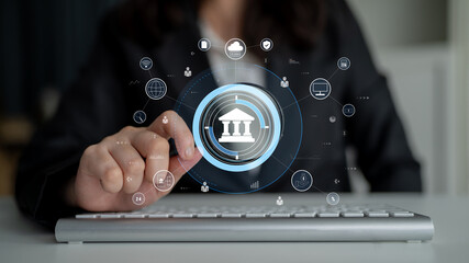 A global FinTech and digital banking network technology concept. A central financial system connected to the worldwide digital economy and services. Motif