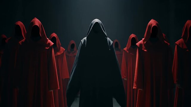 Mysterious Group In Dark Room With A Leader In Black Robes Surrounded By Red Robed Figures Illuminated By Dramatic Spotlight Overhead Creating An Eerie Shadowy Atmosphere