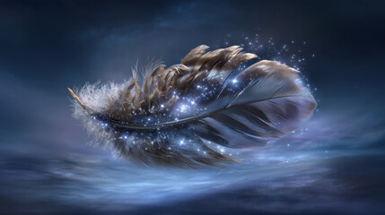 Magical feather in artistic style in blue hues for symbolism