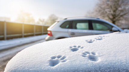 Paw prints in snow on car during winter
