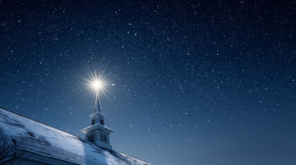 Illuminated Church Steeple Under Starry Night Sky