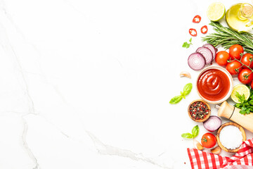 Food background, cooking ingredients on white marble table.