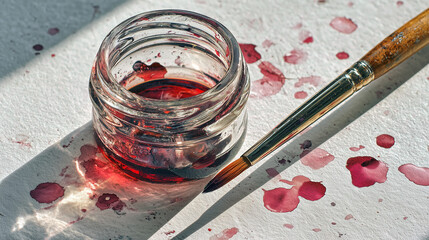 Paint and brush on paper in artistic style with red colors for watercolor