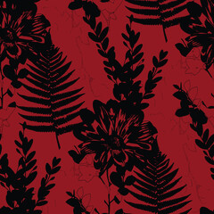 Seamless floral pattern, classic flower ornament, abstract ditsy print in vintage motif. Elegant botanical design of beautiful large wild flowers, leaves, small branches, herbs. Vector illustration.