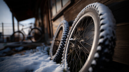 Bicycle wheels covered in snow depicting winter scene