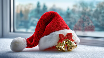 Santa hat with golden bells in festive style in red and white for Christmas
