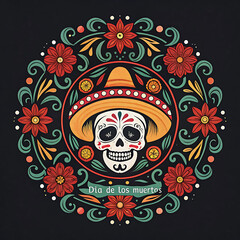 Dia de los muertos skull with sombrero and floral wreath