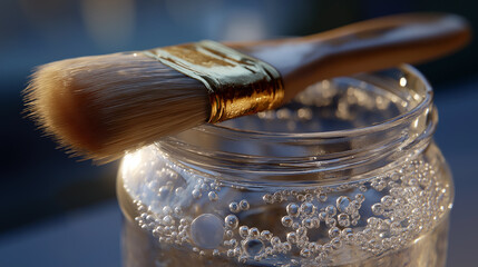 Paint brushes resting on jar filled with soapy water