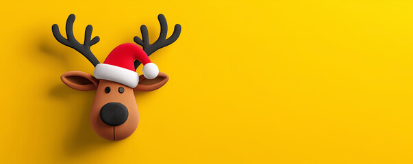 Reindeer with santa hat on yellow background 