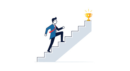 Obraz premium Businessman climbing stairs towards a golden trophy symbolizing success and achievement.
