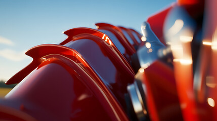 Close-up of a red, futuristic vehicle with a sleek, abstract design against a clear blue sky, highlighting its smooth curves and aerodynamic features.