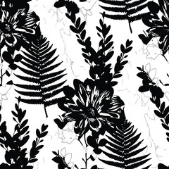 Seamless floral pattern, classic flower ornament, abstract ditsy print in vintage motif. Elegant botanical design of beautiful large wild flowers, leaves, small branches, herbs. Vector illustration.