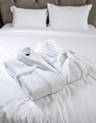 Two white bathrobes folded neatly on a white bed