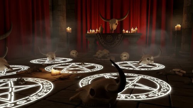 Mysterious Ritual Chamber with Occult Symbols and Animal Skulls Illuminated by Candles and Ethereal Light Creating an Eerie Atmosphere