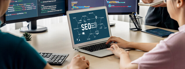 SEO search engine optimization for brisk e-commerce and online retail business showing on computer...