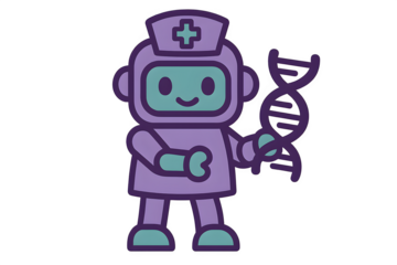 Purple robot nurse cartoon holding DNA double helix, futuristic AI healthcare assistant bot for genetic research, hospitals, and digital medical care