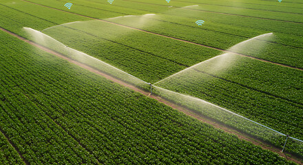 Aerial view of green farm field with sprinklers watering crops