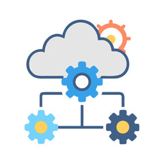 Cloud computing network with gears processing data in flat design, black background