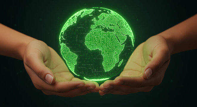 Hands holding glowing green digital earth circuit board