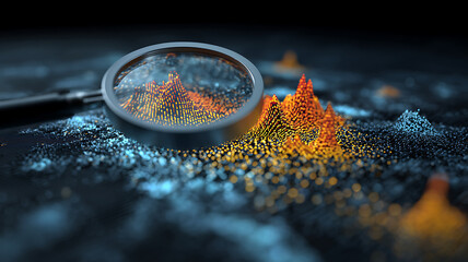 A magnifying glass focuses on a detailed data landscape showing insight and analysis.