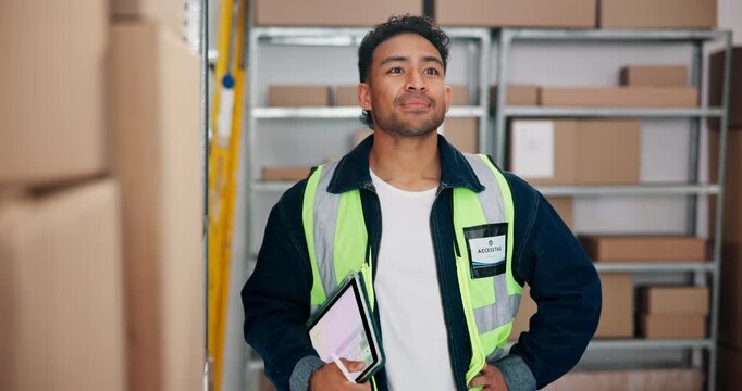 Man, check and boxes with tablet at warehouse for inspection, stock and inventory management. Male person, package and digital checklist for quality control, supply chain and distribution information
