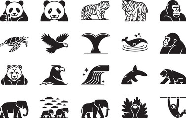 Fototapeta premium Black and white vector illustrations of wild animals and various creatures in minimalist style