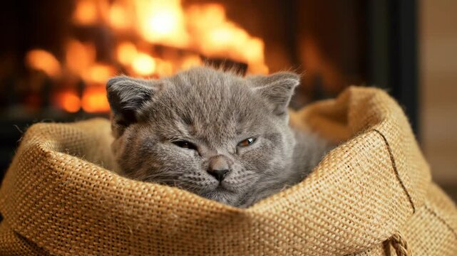 Cute grey kitten sleeping in burlap sack in front of fireplace, pet, animal, cozy, home, winter, fire