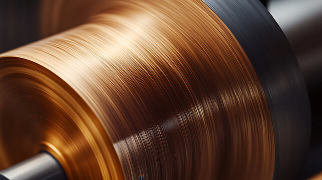 Copper Wire Coil: Precision Manufacturing. Tightly wound copper wire forms a uniform coil on a metal spool, showcasing material processing & quality.