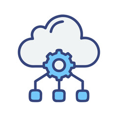 Cloud computing with a gear connecting to three data nodes on black background