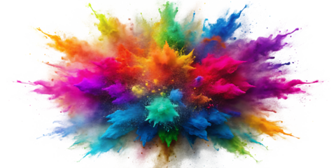 "A red, pink, purple, blue, and orange explosion smoke of holi paint color powder, cutout, PNG isolated on a white or transparent background, generated AI"