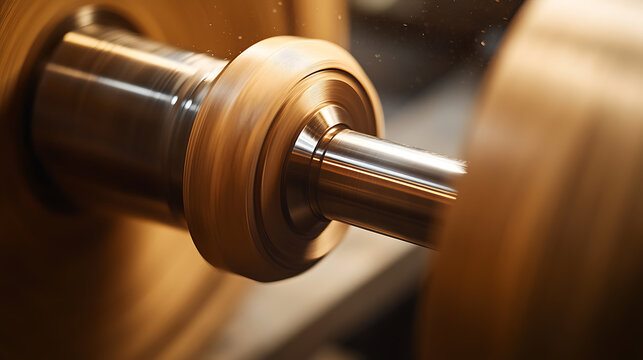 Metal rod spinning in a manufacturing process, showcasing precision engineering and motion. Tool turning or grinding metal. Selective focus.