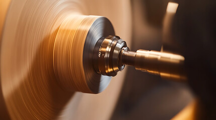 Metal being tooled and spun, creating a blurred effect showing movement and shaping a screw-like shape. Industrial, but beautiful process.