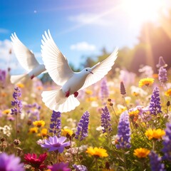 Two white doves soaring over a vibrant meadow of wildflowers under a bright, sunny sky