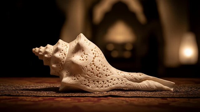 Ornate White Conch Shell with Intricate Carvings Placed on a Textured Fabric Surface in a Dimly Lit Ambient Interior