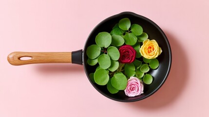 A pan with flowers and greens in it. The pan is black and the flowers are pink, yellow, and red