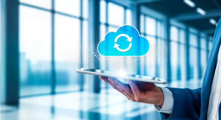 Businessman holding a tablet with a glowing cloud computing icon and sync arrows, representing data synchronization and cloud storage in a modern office environment