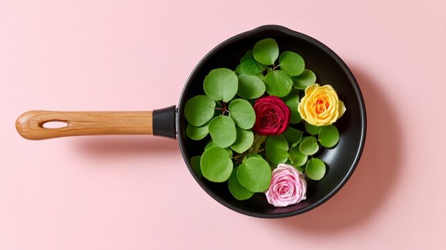 A pan with flowers and greens in it. The pan is black and the flowers are pink, yellow, and red