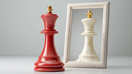 Two chess pieces, one red and one white, are placed in front of a mirror. The red piece is a king, and the white piece is a pawn. Concept of strategy and competition