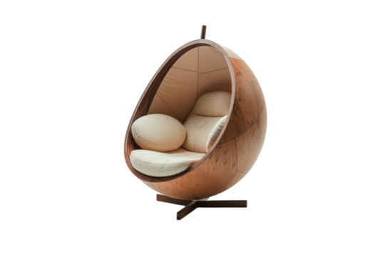 A cozy and innovative egg-shaped chair crafted from warm wood in a minimalist setting