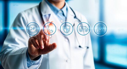 Doctor interacting with futuristic medical icons representing healthcare services like 247 availability, consultation, protection, ambulance, and research on a blurred background