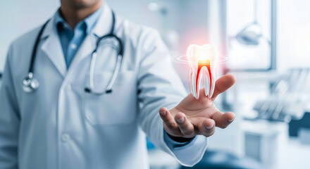 Dentist holding a glowing tooth in his hand, symbolizing dental health and care, with a blurred dental clinic in the background