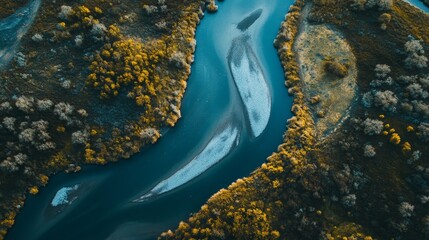A stunning aerial view of a winding turquoise river cutting through an autumn forest landscape, with golden foliage creating a striking contrast