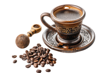 A beautifully crafted coffee cup with beans showcases the art of brewing in a cozy setting isolated on transparent background