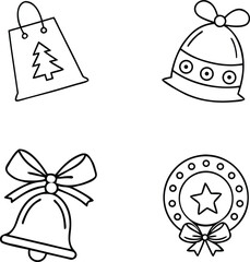 Christmas icons isolated on transparent background featuring a shopping bag with a Christmas tree, a bell with a bow, and a wreath with a star, all in a simple line art style