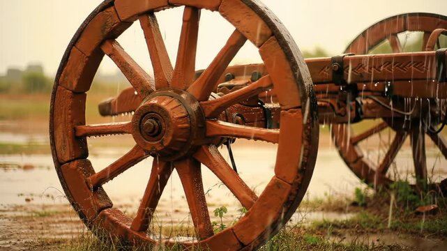 Close-up of wooden wheels of a bullock cart on a wet, grassy field after rain.