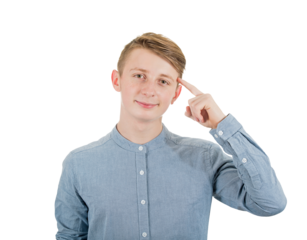 Clever teenage guy portrait pointing forefinger to his temple as looks to camera with confidence. Contented young man adolescent portrait isolated on transparent background