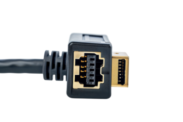 A close-up view of a black data cable connector showcasing its detailed metallic pins in daylight isolated on transparent background