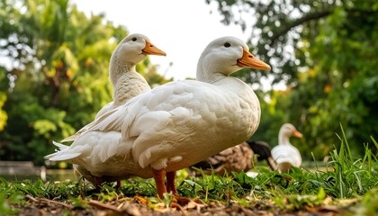Two white ducks standing near a pond in a park